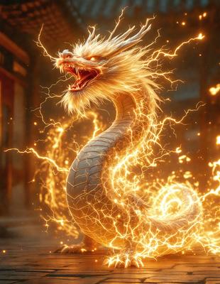 The primary subject of the image is a dragon, which is the main object, scene, or focus of the image. The dragon is surrounded by a bright, yellow, and orange light, giving it a fiery appearance. The setting or background of the image features a dark room, which contrasts with the bright light emanating from the dragon. The visual style of the image is digital art, as it appears to be a digital illustration or drawing. The dominant colors in the image are yellow, orange, and bright,